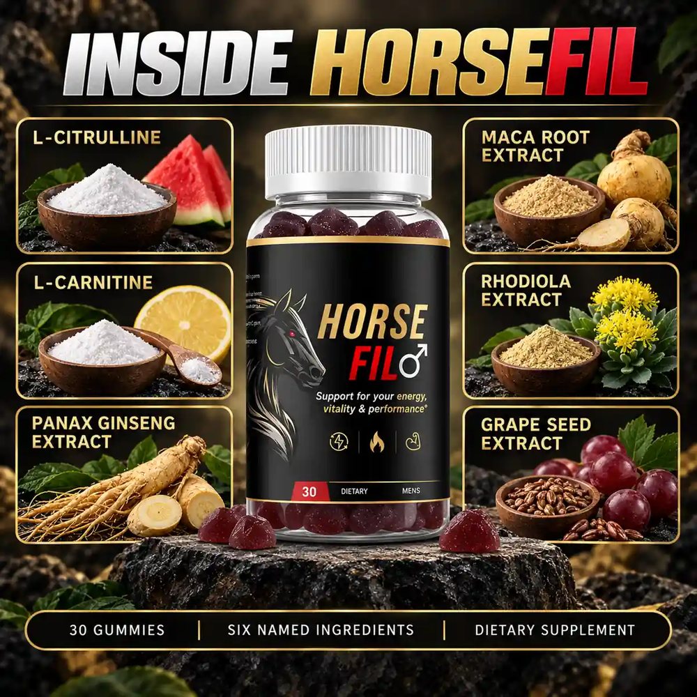 Inside HorseFil: the brand's own panel naming L-citrulline, L-carnitine, panax ginseng, maca root, rhodiola and grape seed around the bottle