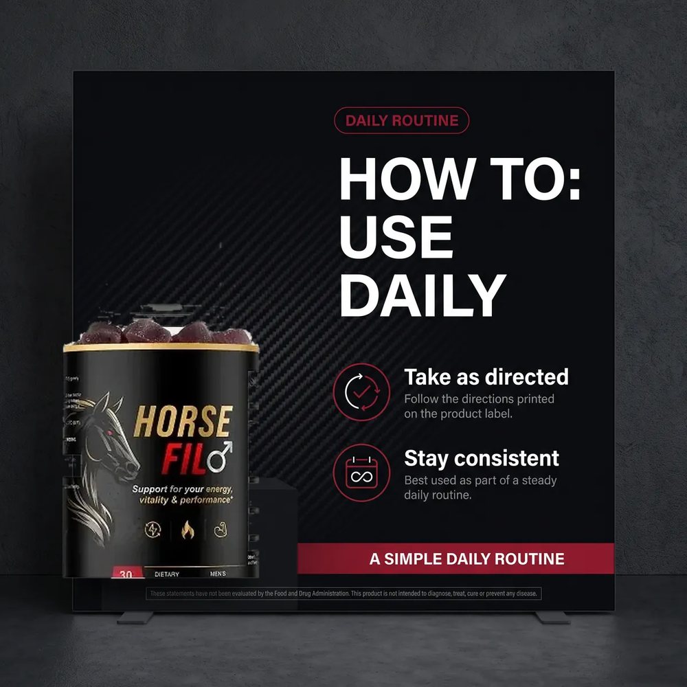 HorseFil how-to-use panel: take as directed, follow the label, stay consistent