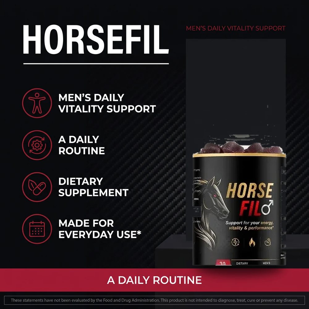 HorseFil men's daily vitality support panel listing four printed claims beside the bottle