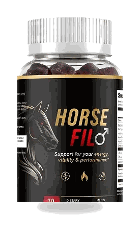 HorseFil bottle, 30 gummies, black label with a gold horse and the HorseFil wordmark