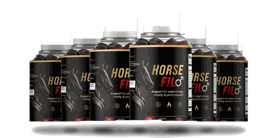 Six bottles of HorseFil gummies in a row